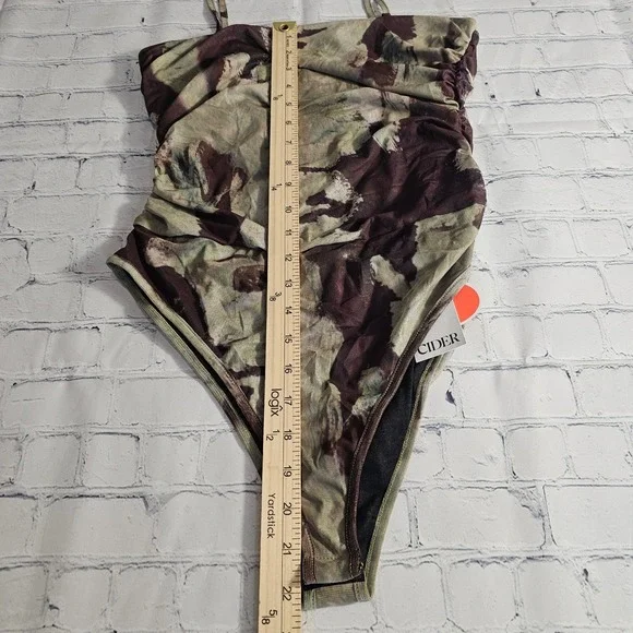 Cider Womens Abstract Portrait Graphic Mesh Bodysuit Ruched Brown Olive Large - Picture 8 of 11